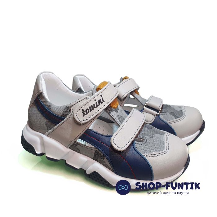 Кроссовки Tomini серые с синими полосками открытые 3007