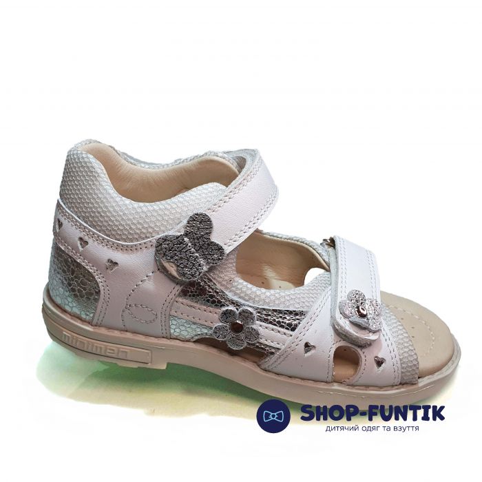 Сандалии  Minimen белые с серебристыми цветочками 1174