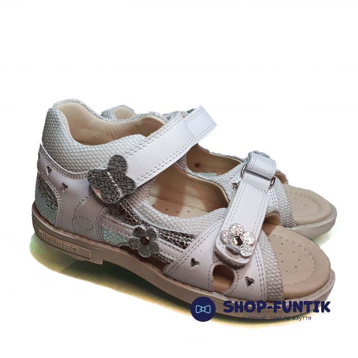 Сандалии  Minimen белые с серебристыми цветочками 1174