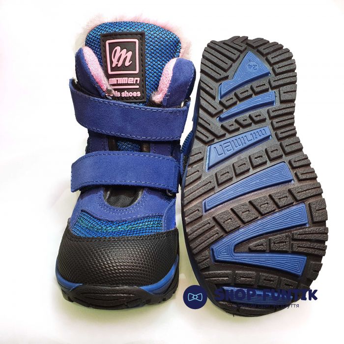 Ботинки Minimen cиние с розовой опушкой 4085