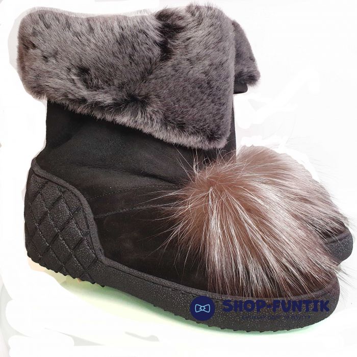 Угги Tunel черные украшены натуральным мехом 1229