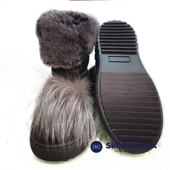 Угги Tunel черные украшены натуральным мехом 1229