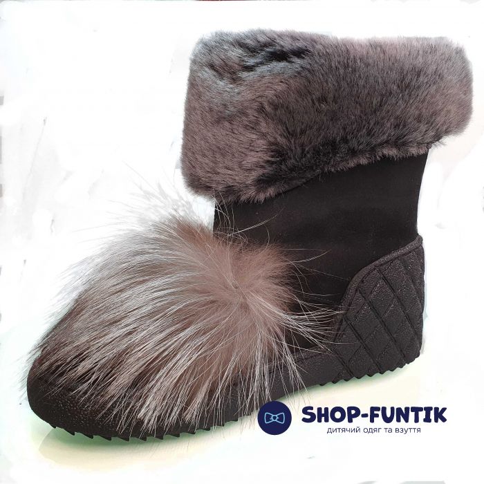 Угги Tunel черные украшены натуральным мехом 1229