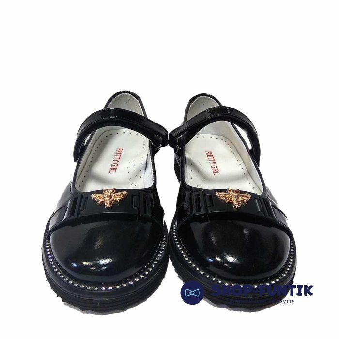 Туфли Pretty Girl черные лаковые для девочки с бижутерией 00-219-21 С