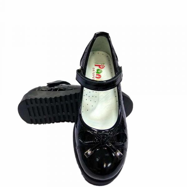 Туфли Panda школьные для девочки черные лаковые текстура 1969