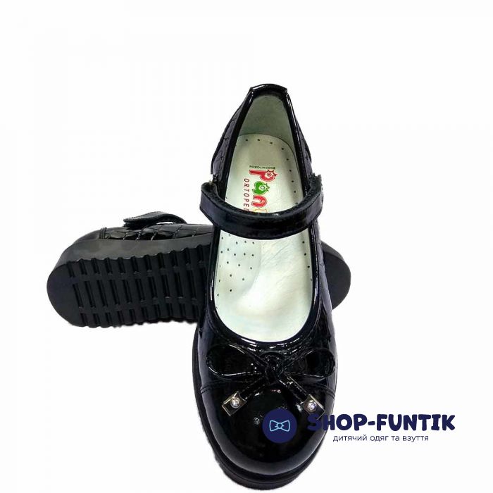 Туфли Panda школьные для девочки черные лаковые текстура 1969