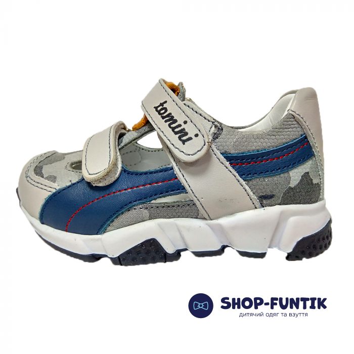 Кроссовки Tomini серые с синими полосками открытые 3007