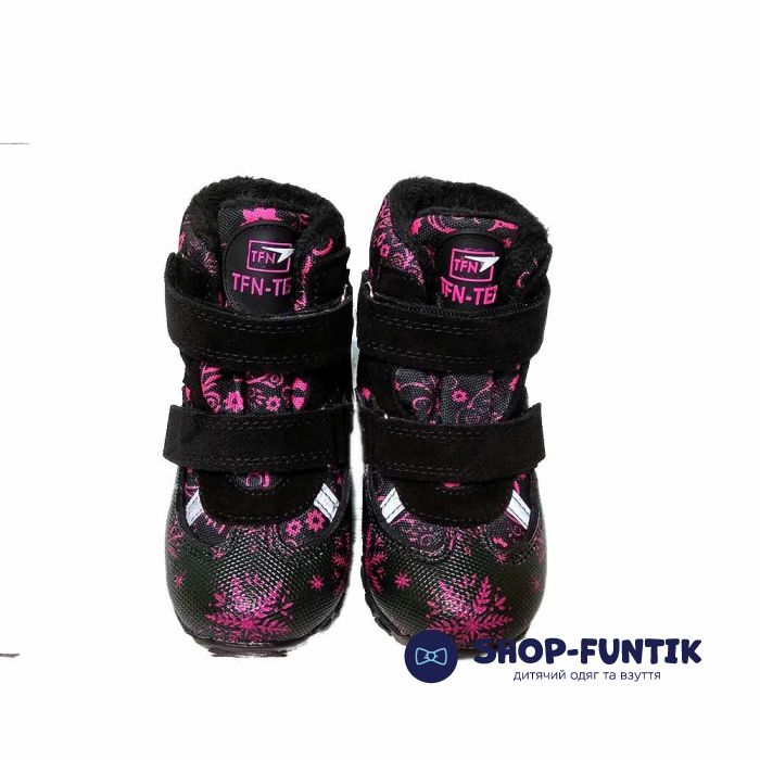 Ботинки Tifiani черные с малиновым принтом-снежинками